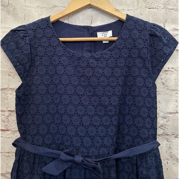 Crown & Ivy Kids Girls Dress Navy Blue Fit & Flare Eyelet Tie Waist Bow Size 16 - Picture 2 of 4